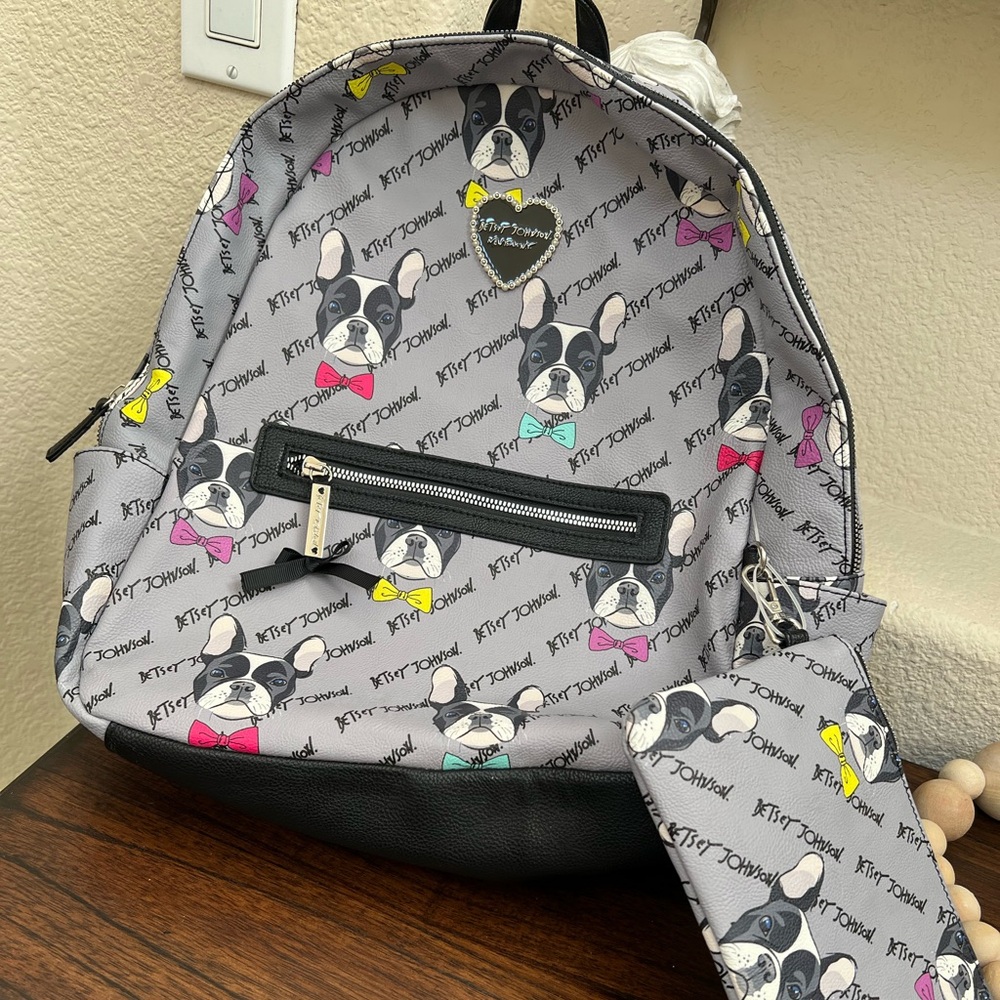 Betsey Johnson Gray Backpack with Dog and Bow Print